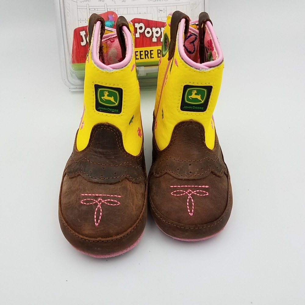 John Deere Infant Johnny Popper Boots Girls Size 4M Tan Mid Brown Dist/Yellow